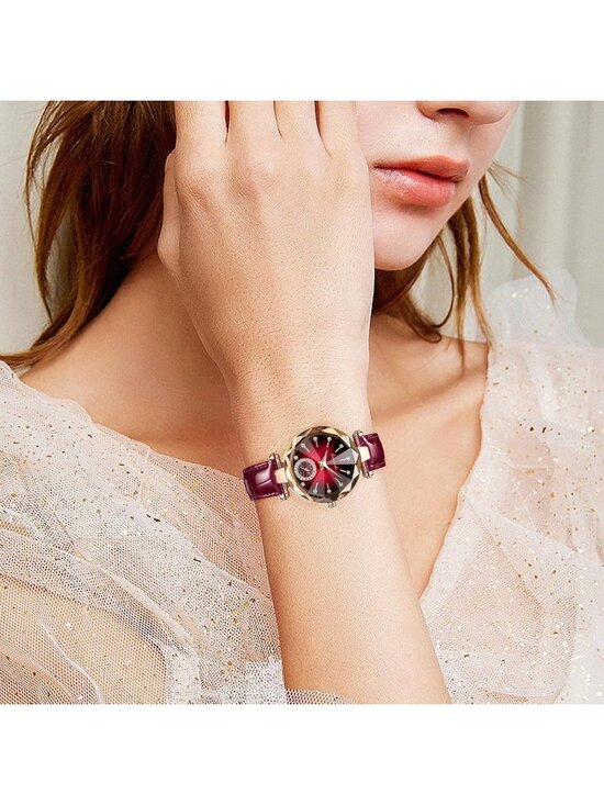 Women\'s Gold Red Elegant Leather Strap Analog Creative Diamond Dial Wrist Watch main image 6